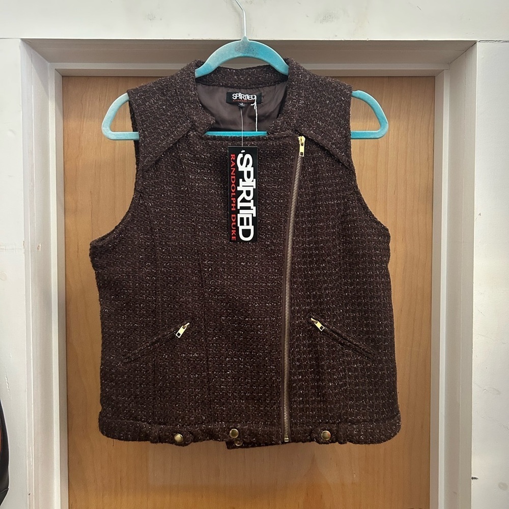 NWT! Spirited Randolph Duke Brown Tweed Moto Vest with Gold Hardware - size M